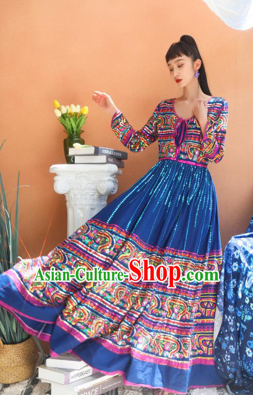 Thailand Traditional Sequins Deep Blue Dress Asian Thai National Beach Dress Photography Costumes for Women