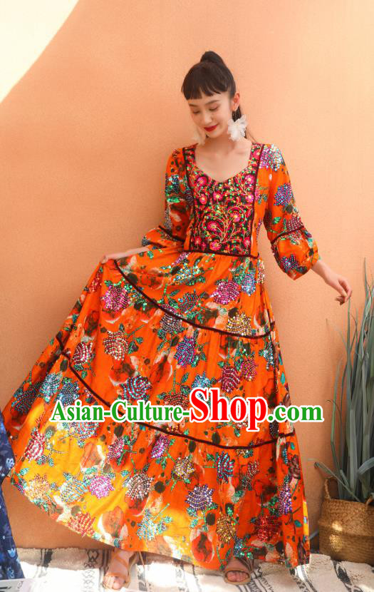 Thailand Traditional Embroidery Sequins Roses Orange Dress Asian Thai National Beach Dress Photography Costumes for Women