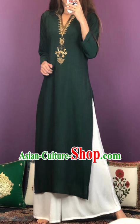 Thailand Traditional Dark Green Qipao Dress Asian Thai National Cotton Dress and Loose Pants Photography Costumes for Women