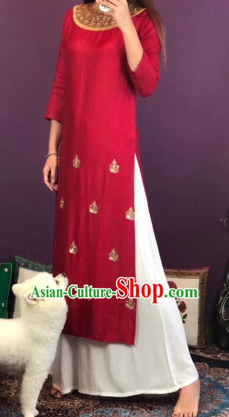 Thailand Traditional Kurta Dress Asian Thai National Embroidered Wine Red Cotton Dress and Loose Pants Photography Costumes for Women