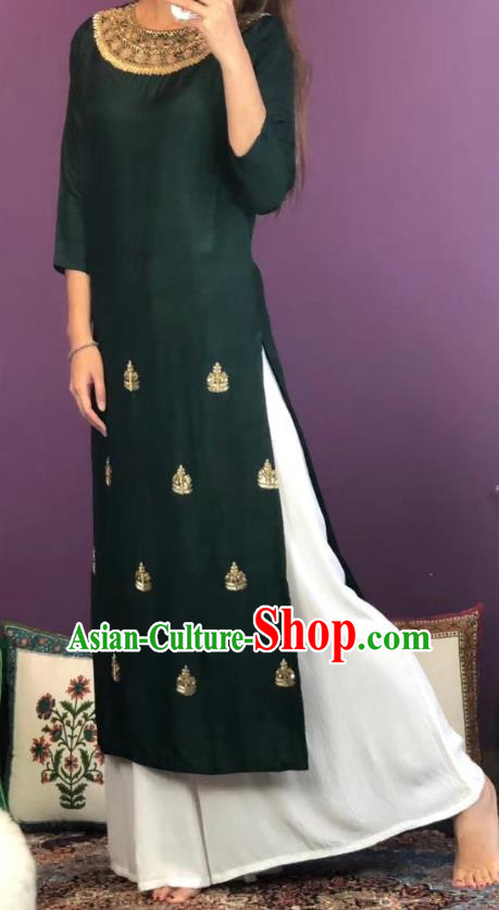 Thailand Traditional Kurta Dress Asian Thai National Embroidered Dark Green Cotton Dress and Loose Pants Photography Costumes for Women