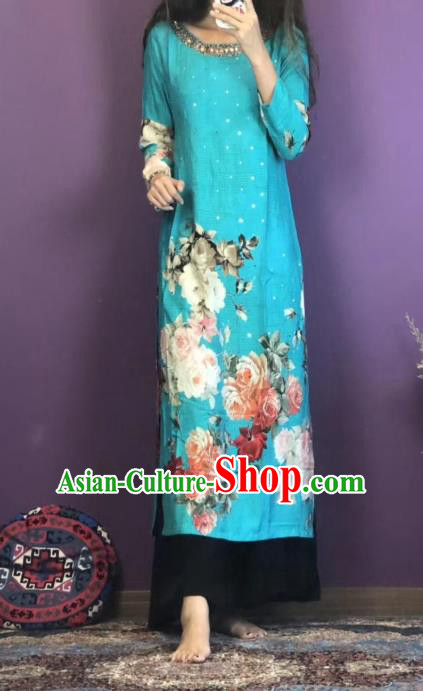 Thailand Traditional Printing Roses Kurta Dress Asian Thai National Blue Cotton Dress and Loose Pants Photography Costumes for Women