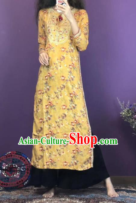 Thailand Traditional Printing Flowers Kurta Dress Asian Thai National Yellow Cotton Dress and Loose Pants Photography Costumes for Women