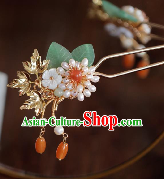 Handmade Chinese Cheongsam Golden Hair Clip Traditional Hanfu Hair Accessories Pearls Agate Hairpins for Women