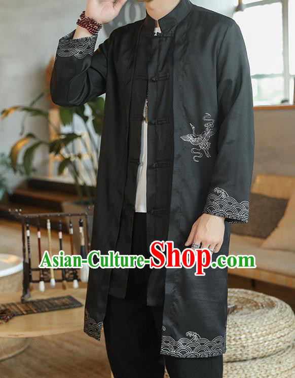 Chinese Traditional Embroidered Wave Black Dust Coat Tang Suit Overcoat Costumes Outer Garment for Men