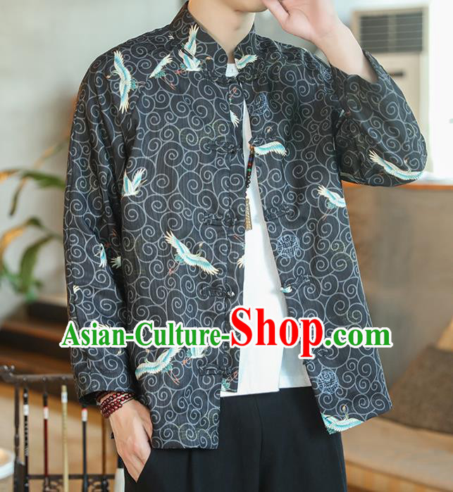 Chinese Traditional Printing Cranes Black Flax Jacket Tang Suit Overcoat Outer Garment Costumes for Men