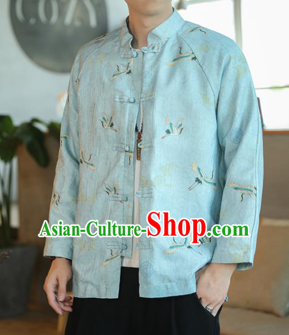 Chinese Traditional Printing Cranes Blue Flax Jacket Tang Suit Overcoat Outer Garment Costumes for Men