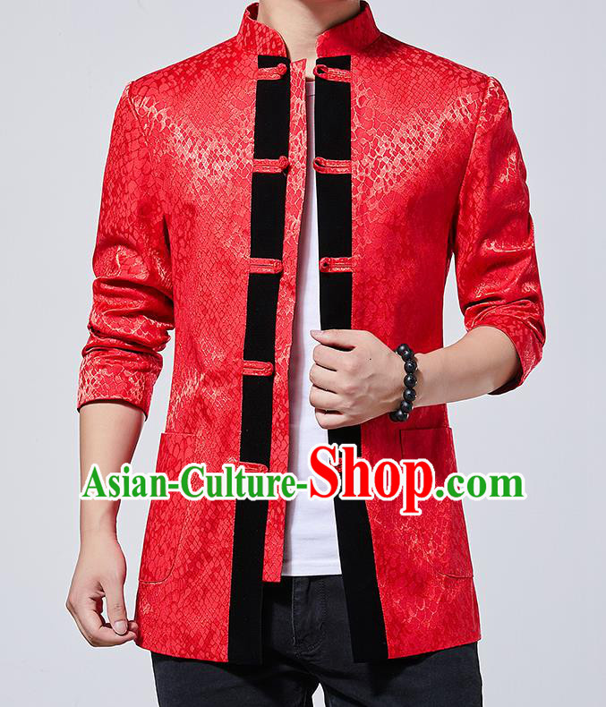 Chinese Traditional Sun Yat Sen Red Jacket Tang Suit Overcoat Outer Garment Costumes for Men