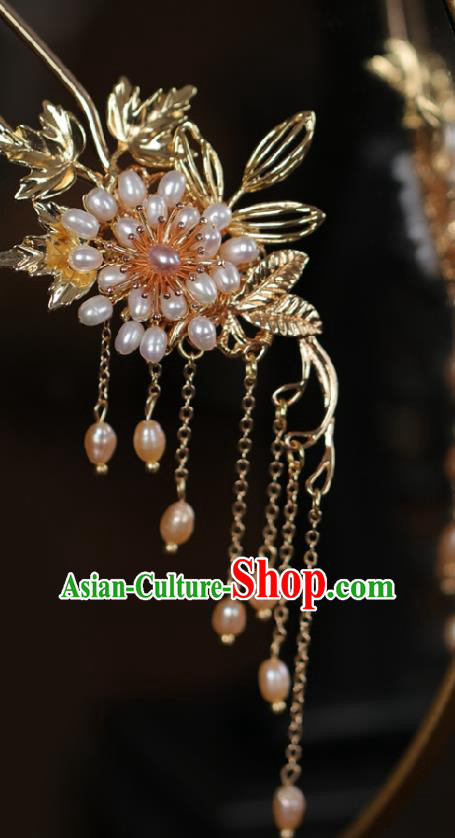 Handmade Chinese Cheongsam Pearls Flower Hair Clip Traditional Hanfu Hair Accessories Golden Tassel Hairpins for Women