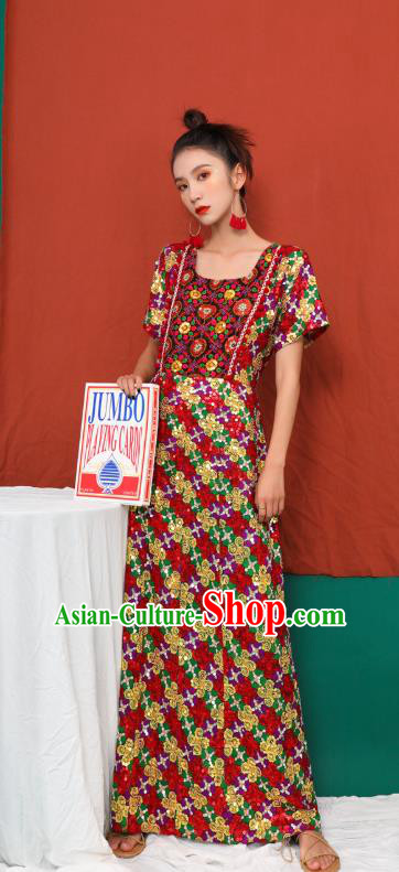 Thailand Traditional Embroidered Sequins Red Dress Asian Thai Photography National Beach Dress Costumes for Women