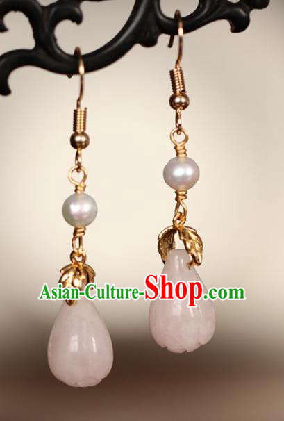 Chinese Handmade Hanfu Earrings Traditional Ear Jewelry Accessories Classical Pink Jade Eardrop for Women