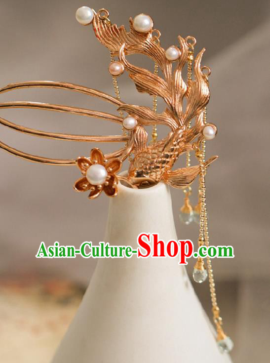 Chinese Cheongsam Golden Phoenix Hair Comb Traditional Hanfu Hair Accessories Handmade Song Dynasty Tassel Hairpins for Women