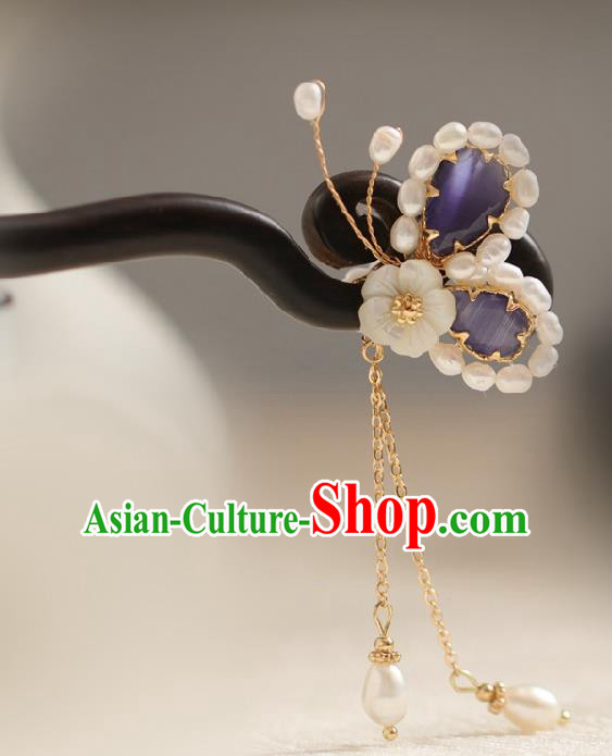 Chinese Cheongsam Pearls Ebony Hair Clip Traditional Hanfu Hair Accessories Handmade Purple Butterfly Hairpins for Women