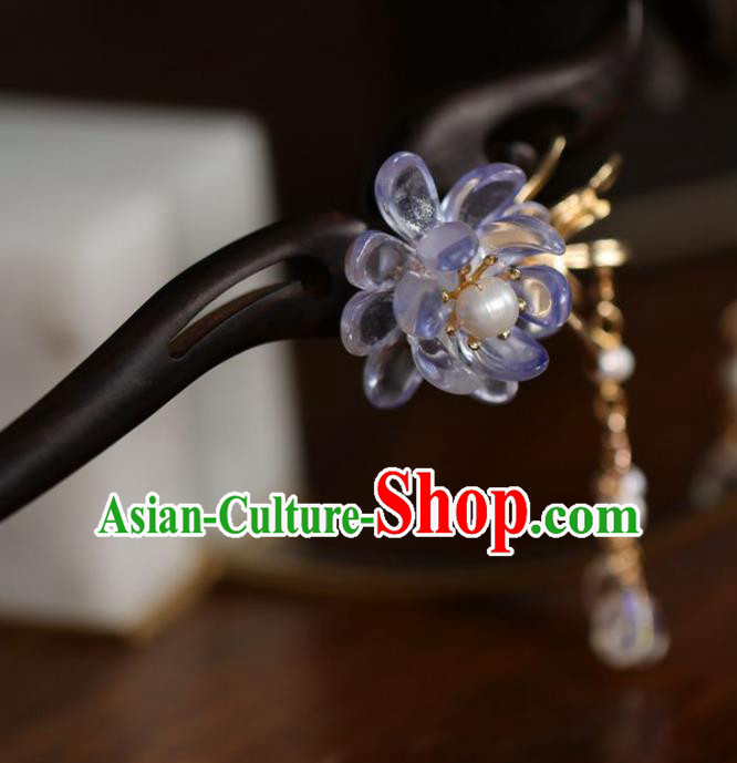 Handmade Chinese Cheongsam Crystal Flower Hair Clip Traditional Hanfu Hair Accessories Ebony Hairpins for Women