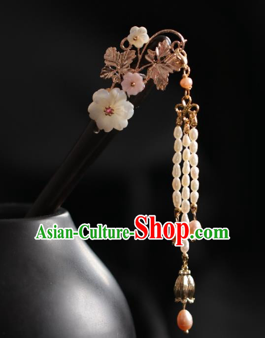 Chinese Cheongsam Pearls Tassel Ebony Hair Clip Traditional Hanfu Hair Accessories Handmade Shell Plum Hairpins for Women