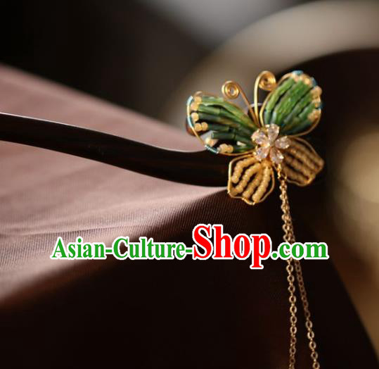 Handmade Chinese Cheongsam Beads Butterfly Hair Clip Traditional Hanfu Hair Accessories Golden Tassel Ebony Hairpins for Women