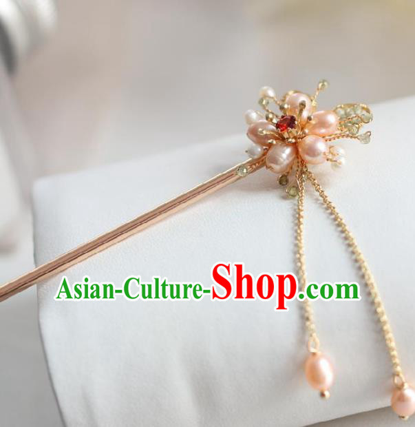 Chinese Cheongsam Pink Pearls Hair Clip Traditional Hanfu Hair Accessories Handmade Golden Hairpins for Women