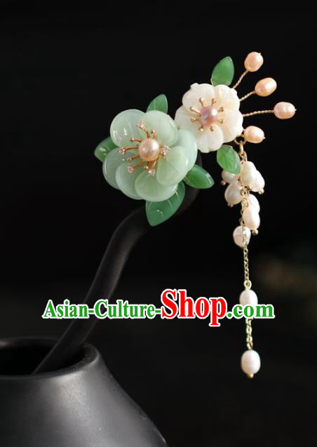 Chinese Cheongsam Pearls Tassel Hair Clip Traditional Hanfu Hair Accessories Handmade Ebony Green Peach Blossom Hairpins for Women