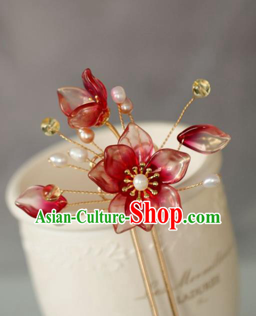 Chinese Cheongsam Red Flowers Hair Clip Traditional Hanfu Hair Accessories Handmade Peach Blossom Hairpins for Women