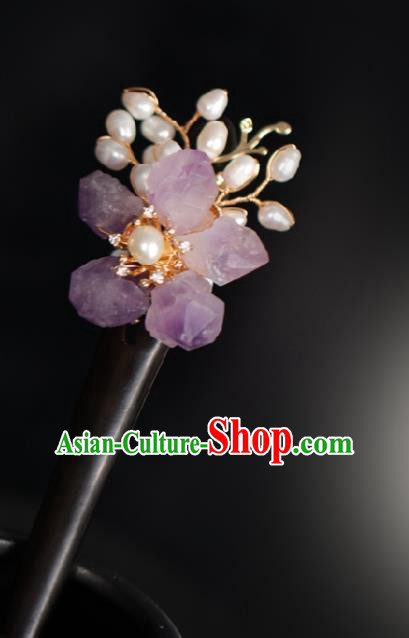 Chinese Cheongsam Purple Stone Hair Clip Traditional Hanfu Hair Accessories Handmade Pearls Ebony Hairpins for Women