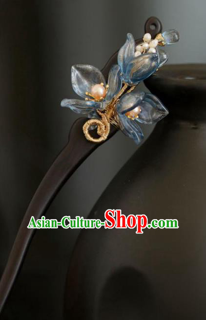 Chinese Cheongsam Ebony Hair Clip Traditional Hanfu Hair Accessories Handmade Blue Yulan Magnolia Hairpins for Women