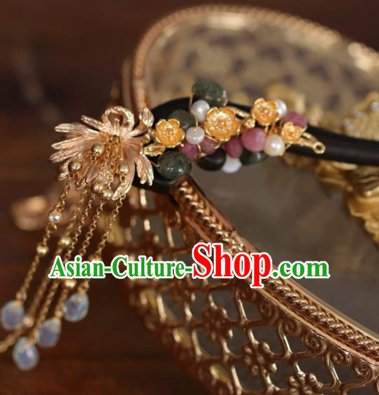 Chinese Cheongsam Jade Ebony Hair Clip Traditional Hanfu Hair Accessories Handmade Golden Plum Tassel Hairpins for Women