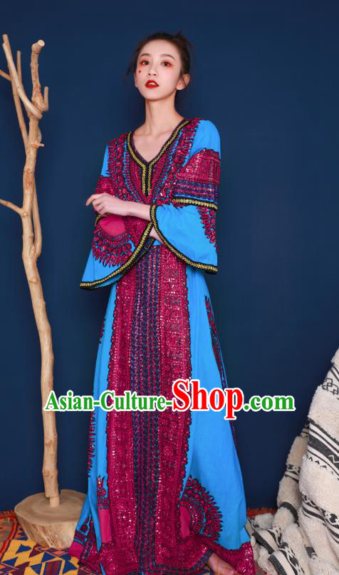 Thailand Traditional Embroidery Beads Blue Dress Photography Informal Costumes for Women