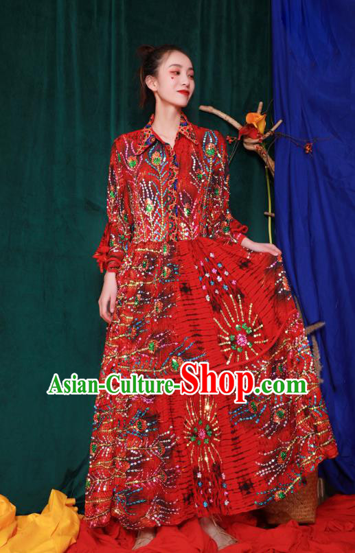 Thailand Traditional Embroidery Beads Red Dress Photography Informal Costumes for Women