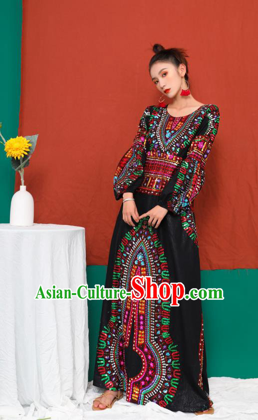 Thailand Traditional Embroidery Beads Black Dress Photography Morocco National Informal Costumes for Women