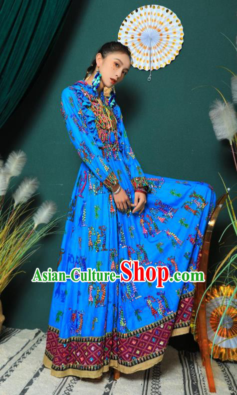 Thailand Traditional Embroidery Beads Blue Dress Photography Morocco National Informal Costumes for Women