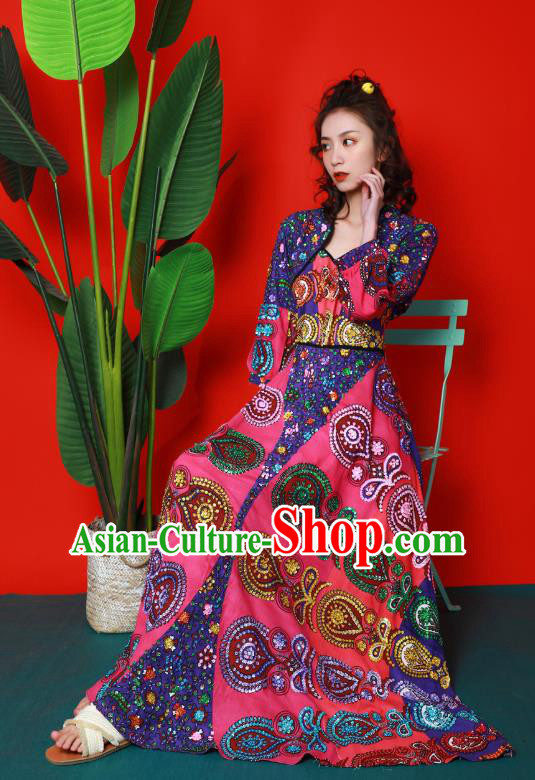 Thailand Traditional Handmade Beading Rosy Dress Photography Asian Indian National Informal Costumes for Women