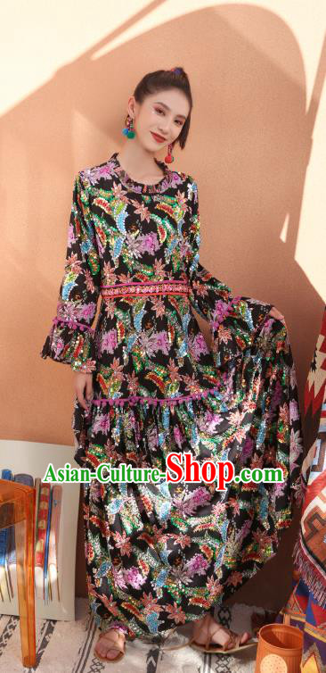 Thailand Traditional Handmade Printing Black Dress Photography Asian Thai National Sequins Informal Costumes for Women