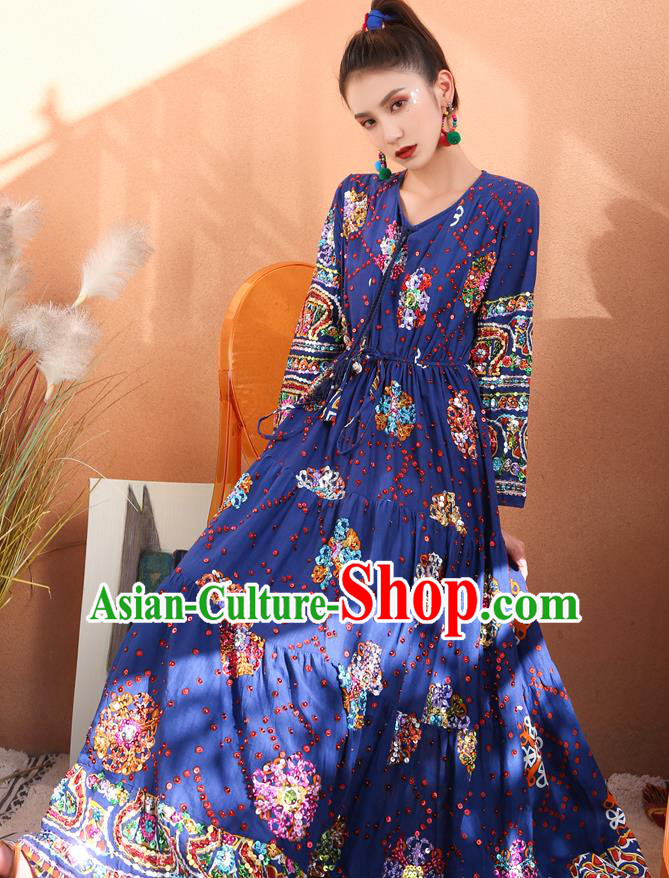 Thailand Traditional Handmade Navy Blue Dress Photography Asian Thai National Embroidered Sequins Informal Costumes for Women