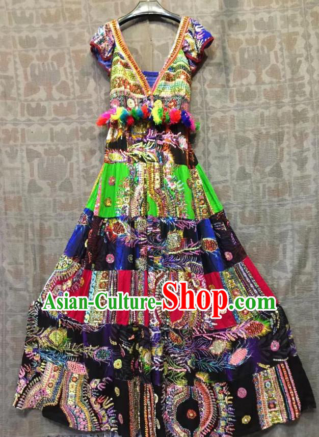 Thailand Traditional Handmade Colorful Sequins Dress Photography Asian Thai National Embroidered Peacock Beach Costumes for Women