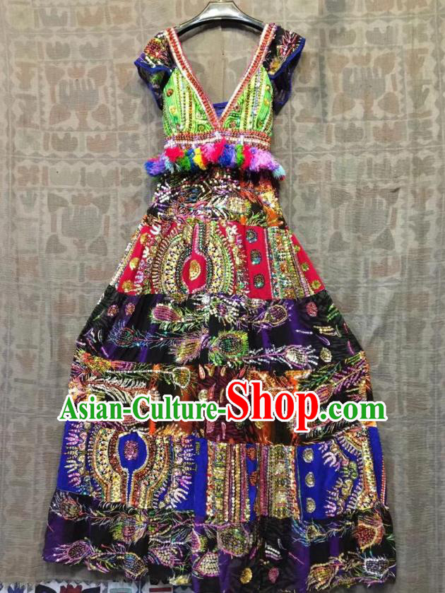 Thailand Traditional Handmade Sequins Deep Purple Dress Photography Asian Thai National Embroidered Beach Costumes for Women