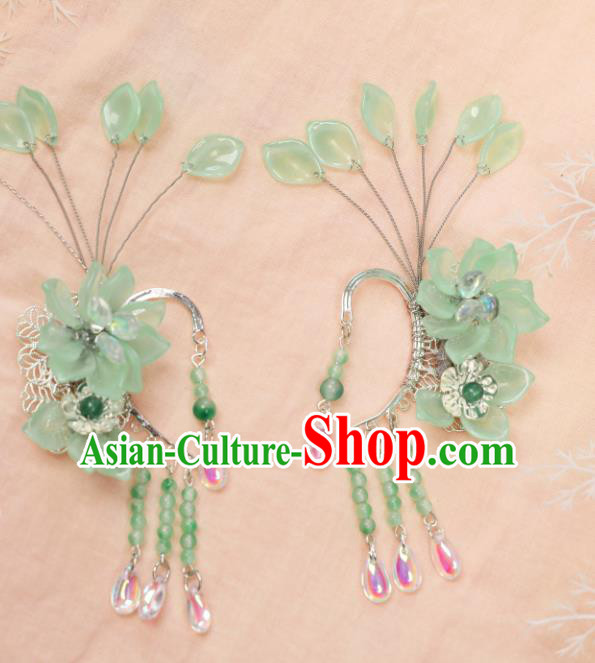 Traditional Chinese Green Flowers Ear Accessories Handmade Tassel Eardrop Ancient Princess Earrings Pendant for Women