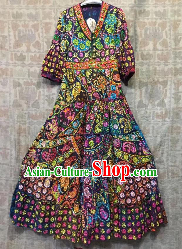 Thailand Traditional Embroidered Beads Navy Dress Photography Asian Thai National Beach Dress Sequins Costumes for Women