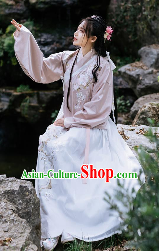 Chinese Ancient Ming Dynasty Costumes Traditional Hanfu Garment Young Lady Embroidered Pink Blouse and Skirt Full Set