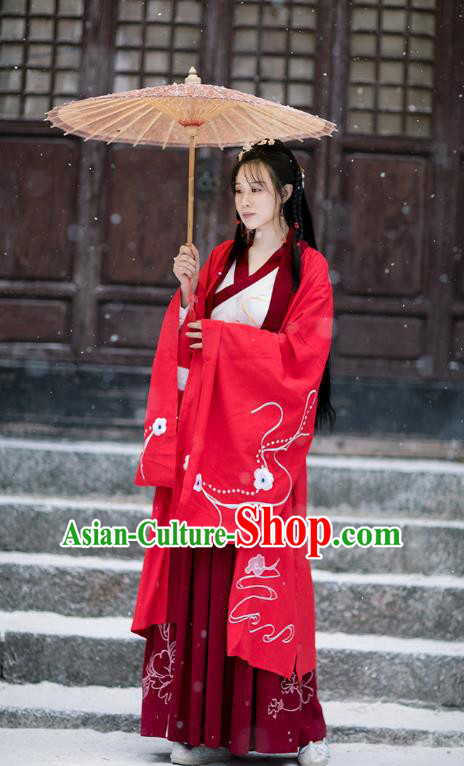 Chinese Ming Dynasty Female Swordsman Costumes Traditional Hanfu Garment Ancient Young Lady Embroidered Red Cloak Blouse and Skirt Full Set