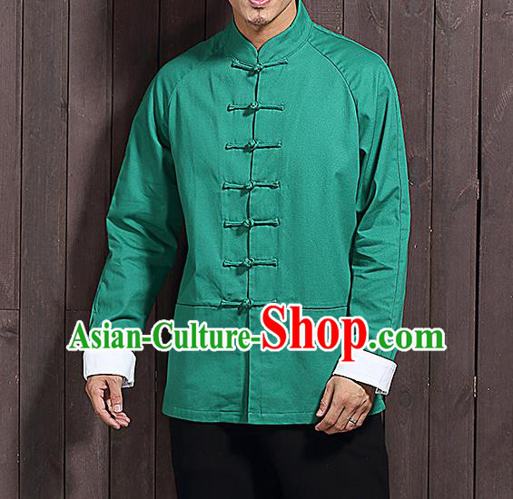 Chinese Traditional Green Sun Yat Sen Jacket Tang Suit Overcoat Outer Garment Stand Collar Costumes for Men