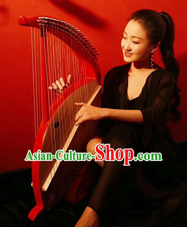 Chinese Traditional Musical Instruments China Ancient Konghou 46 Strings Red Chinese Harp String Instrument