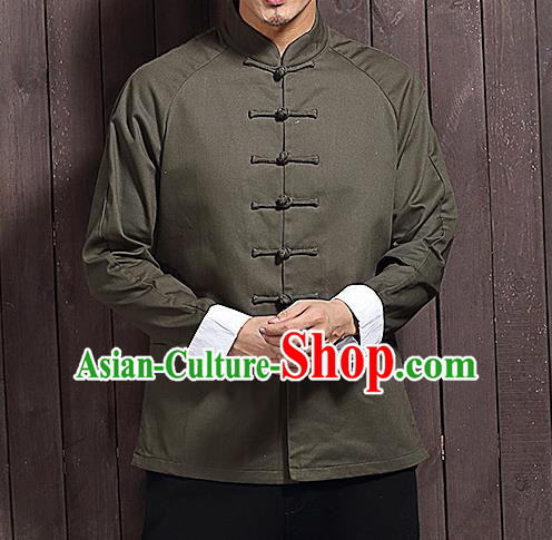 Chinese Traditional Army Green Sun Yat Sen Jacket Tang Suit Overcoat Outer Garment Stand Collar Costumes for Men