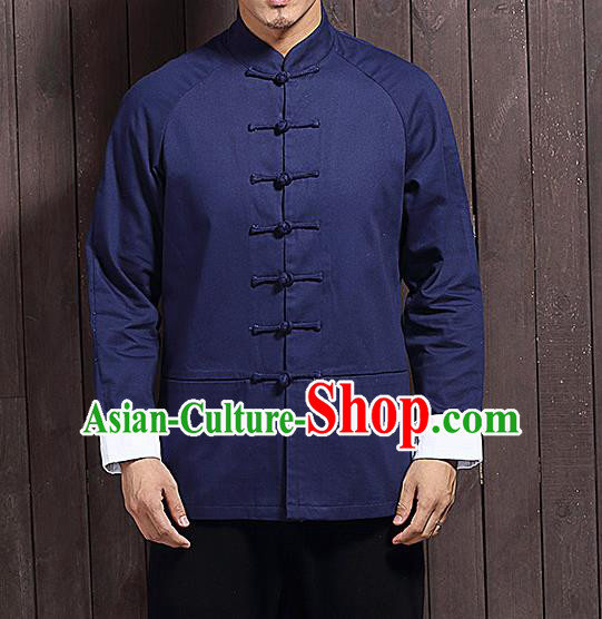 Chinese Traditional Navy Blue Sun Yat Sen Jacket Tang Suit Overcoat Outer Garment Stand Collar Costumes for Men