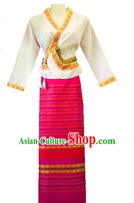 Chinese Dai Nationality Costumes Traditional Dai Ethnic Work White Blouse and Rosy Skirt for Women