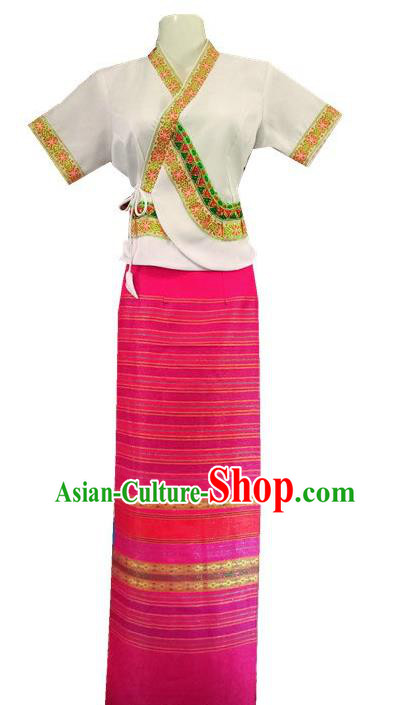 Chinese Dai Nationality Costumes Traditional Dai Ethnic Work White Short Sleeve Blouse and Rosy Skirt for Women