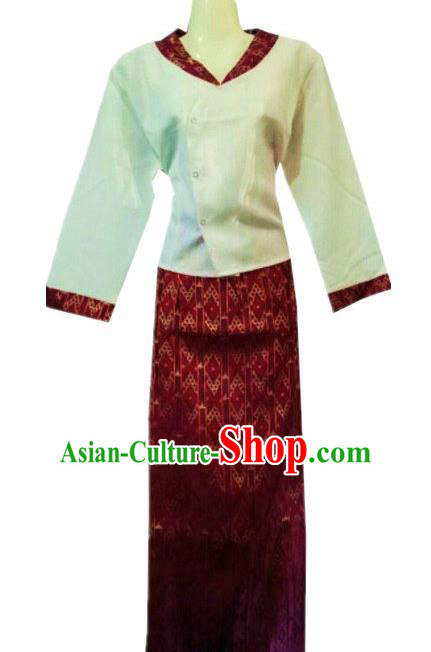 Chinese Dai Nationality Costumes Traditional Dai Ethnic Work White Blouse and Purplish Red Skirt Outfits for Women