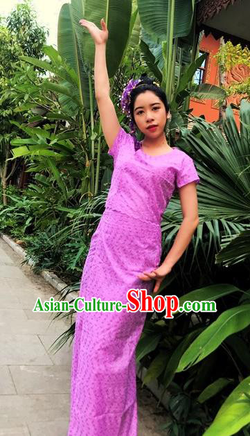 Chinese Dai Nationality Dance Costumes Traditional Dai Ethnic Lilac Blouse and Straight Skirt Full Set for Women