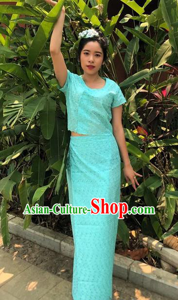 Chinese Dai Nationality Dance Costumes Traditional Dai Ethnic Light Blue Blouse and Straight Skirt Full Set for Women