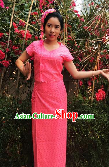 Chinese Dai Nationality Dance Costumes Traditional Dai Ethnic Watermelon Red Blouse and Straight Skirt Full Set for Women