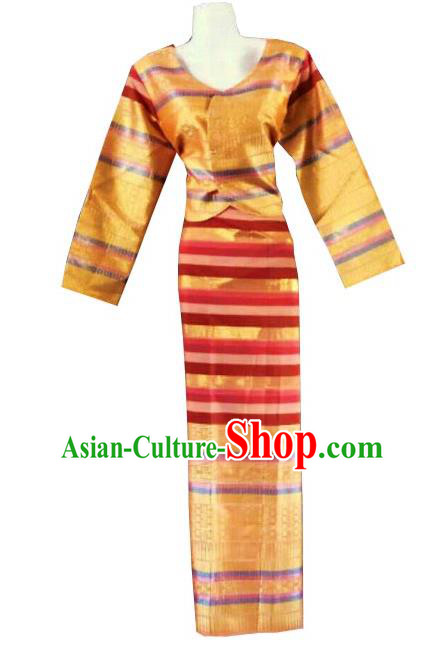 Chinese Dai Nationality Folk Dance Costumes Traditional Dai Ethnic Stage Show Golden Blouse and Straight Skirt for Women